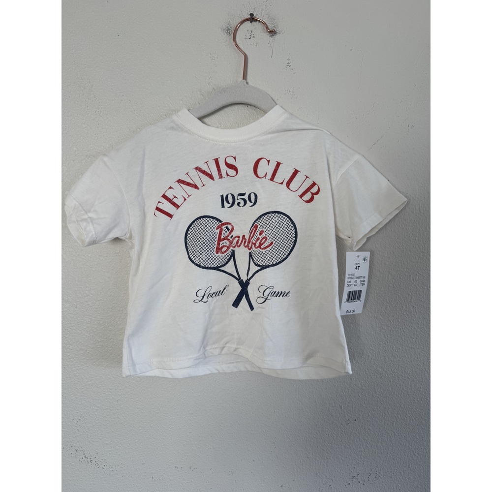 Barbie White Tennis Club Logo Kids T-Shirt 4T NWT
